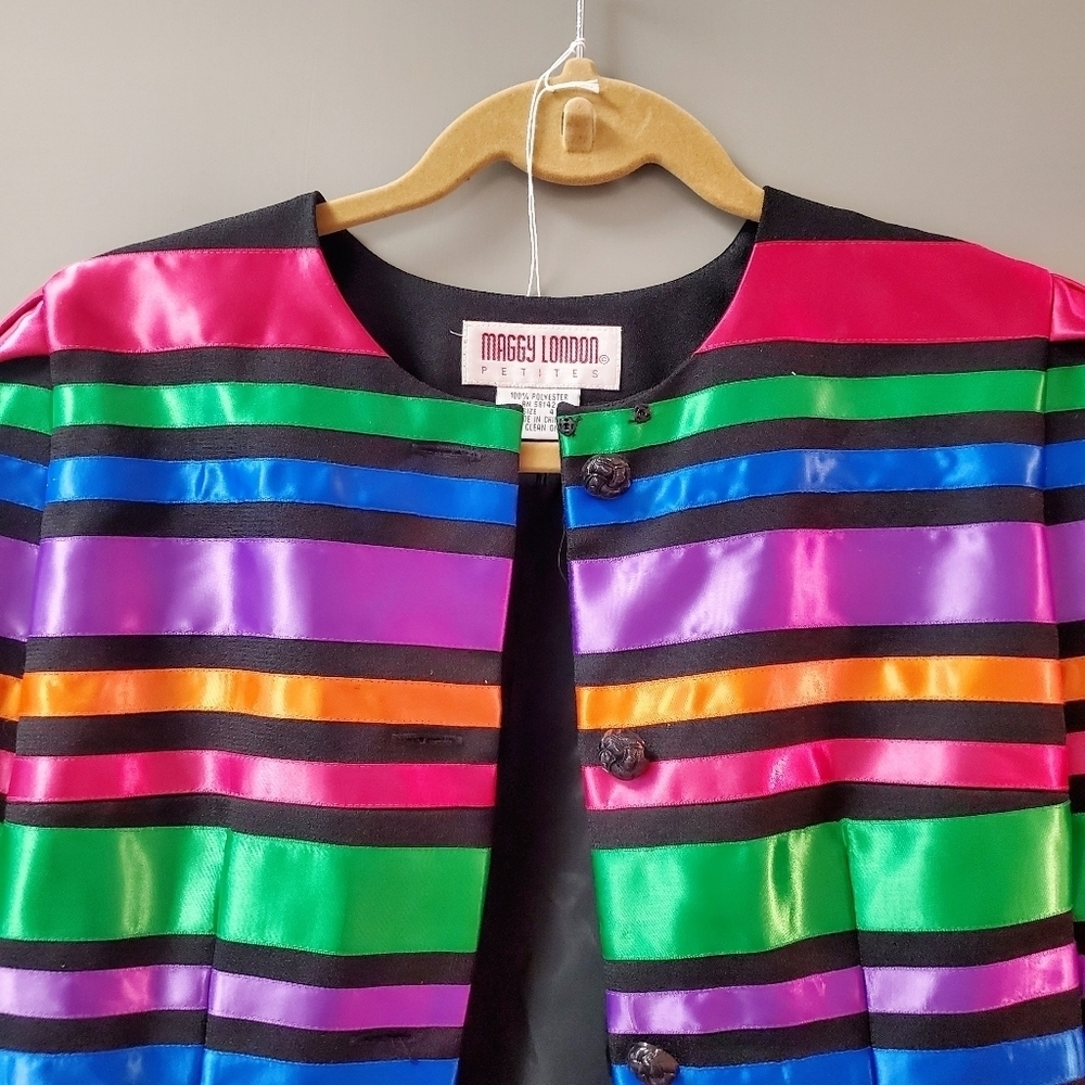 MAGGY LONDON | Vintage Satin Striped Cropped Rainbow Jacket - Picture 3 of 12